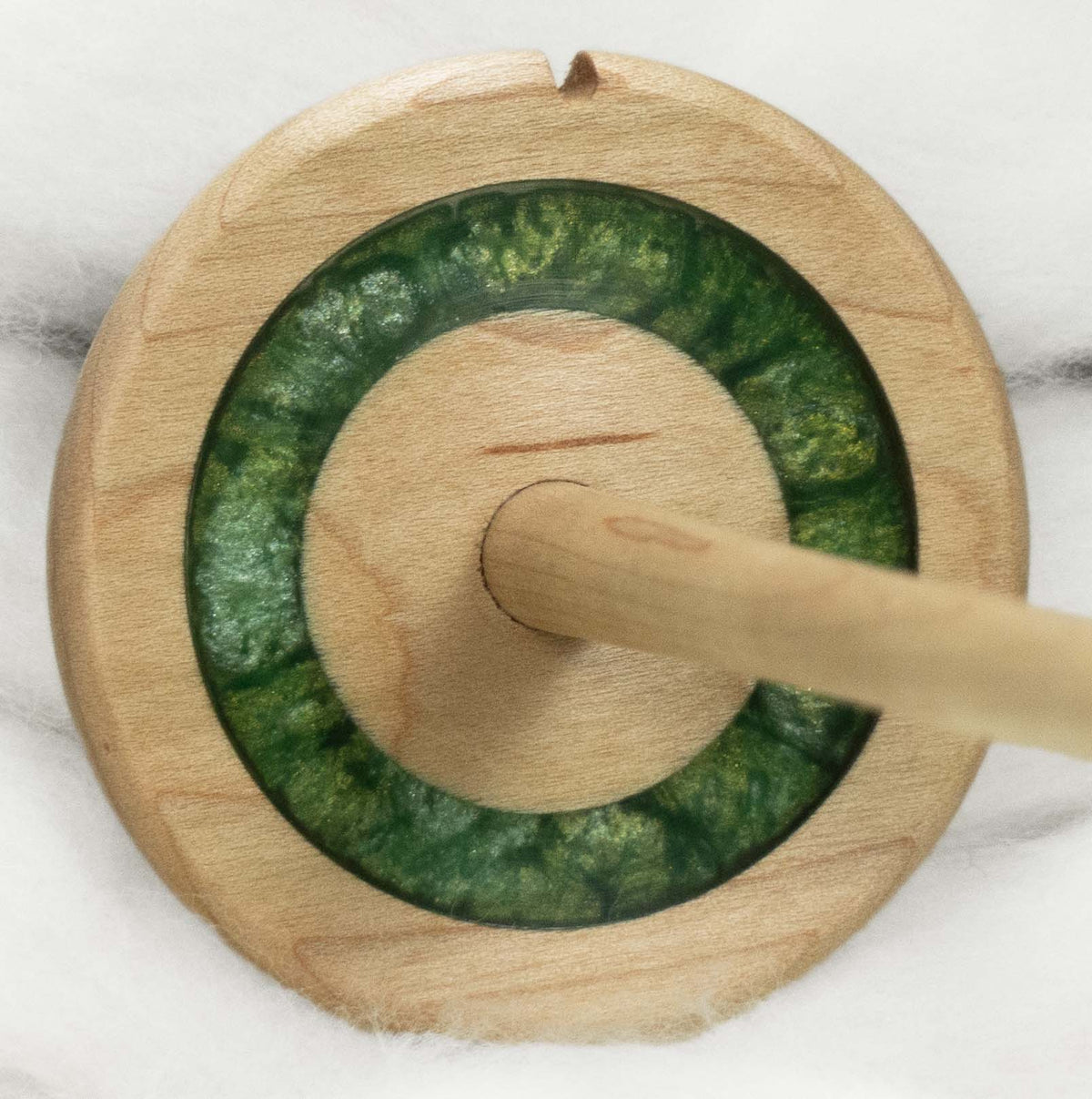 Lleto - Lichen Green Mica Inlay / Hand-Turned Maple Wood Drop Spindle Medium - Top Whorl 31g