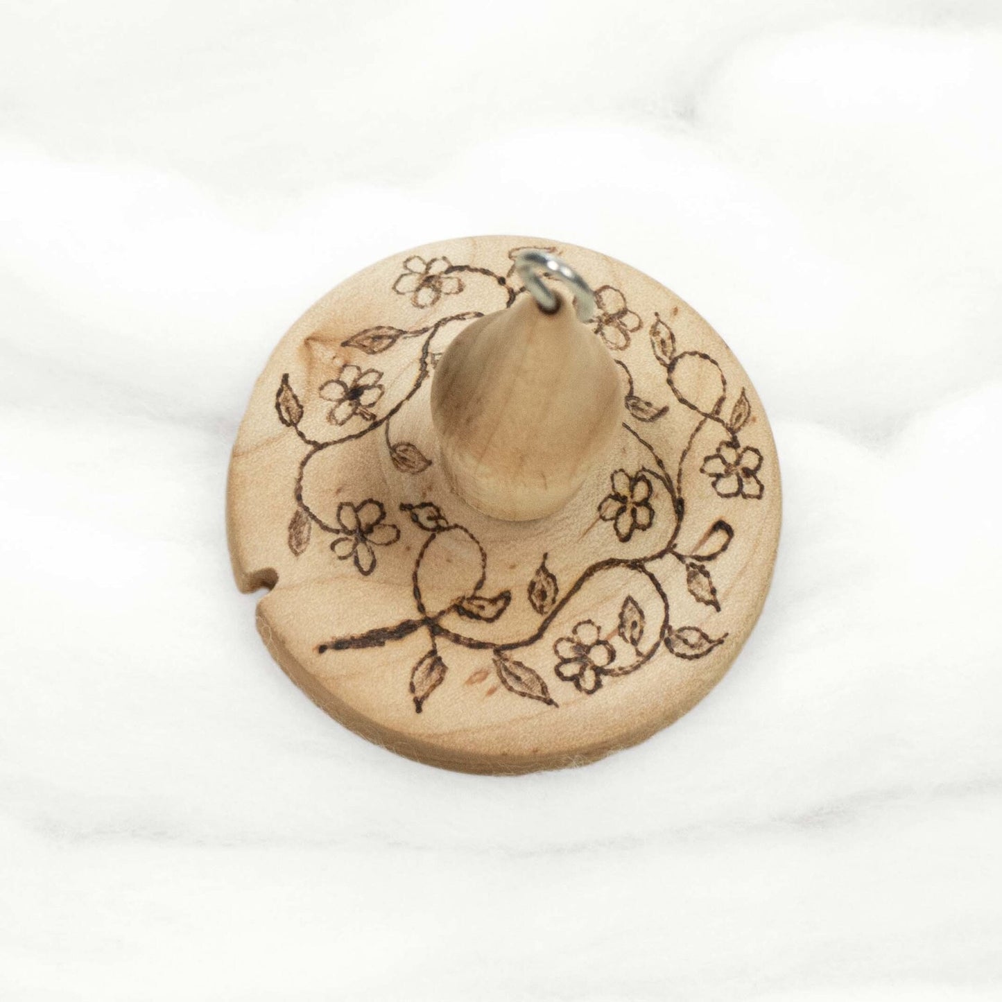 Floral Vine - Lluna Hand-Turned Maple Wood / Pyrograph Drop Spindle Medium Light -Top Whorl 24 Grams
