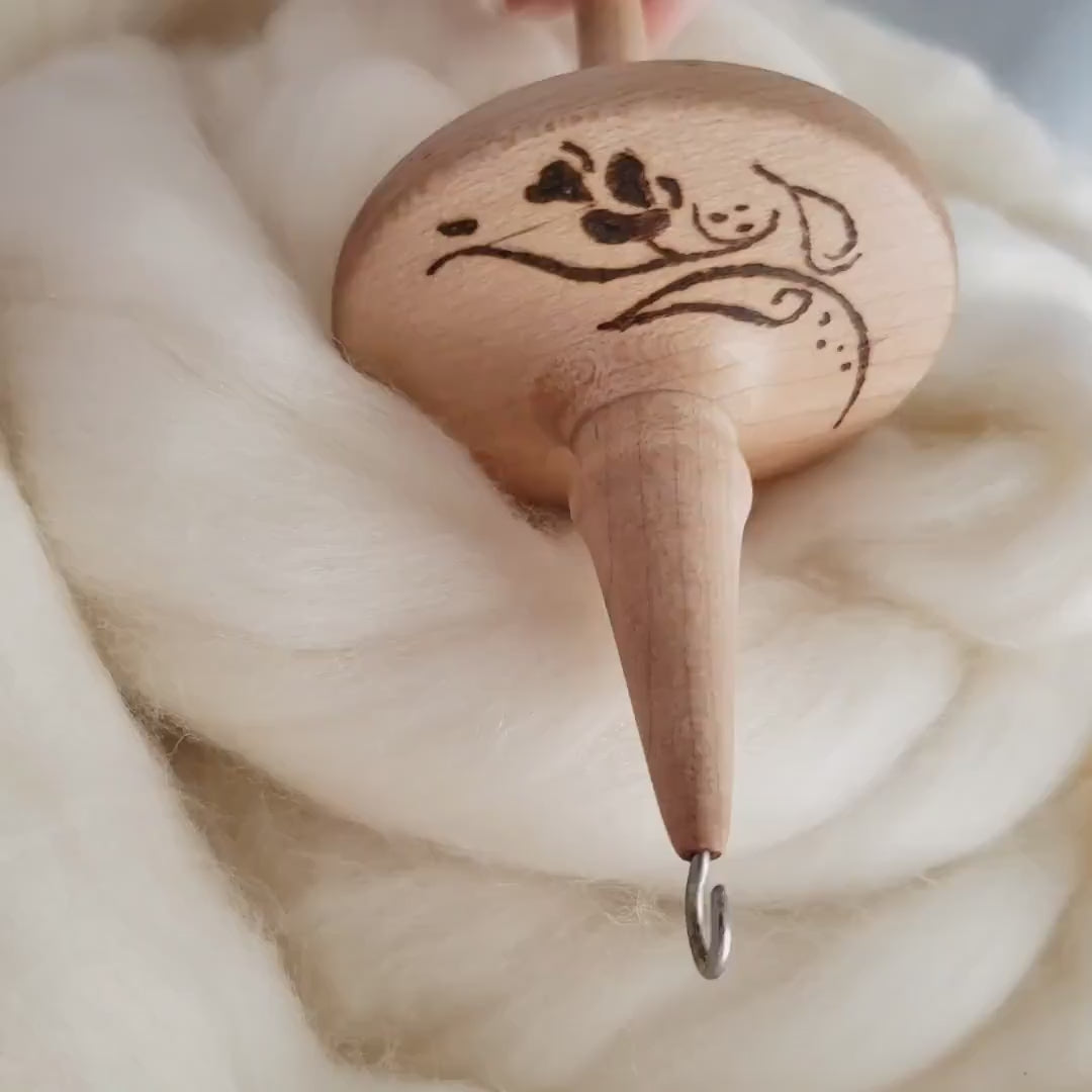 Rose Stencil - Lleto Hand-Turned Maple Wood Pyrograph Drop Spindle Medium / Top Whorl 29 Grams