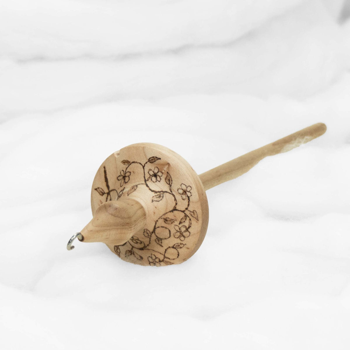 Floral Vine - Lluna Hand-Turned Maple Wood / Pyrograph Drop Spindle Medium Light -Top Whorl 24 Grams