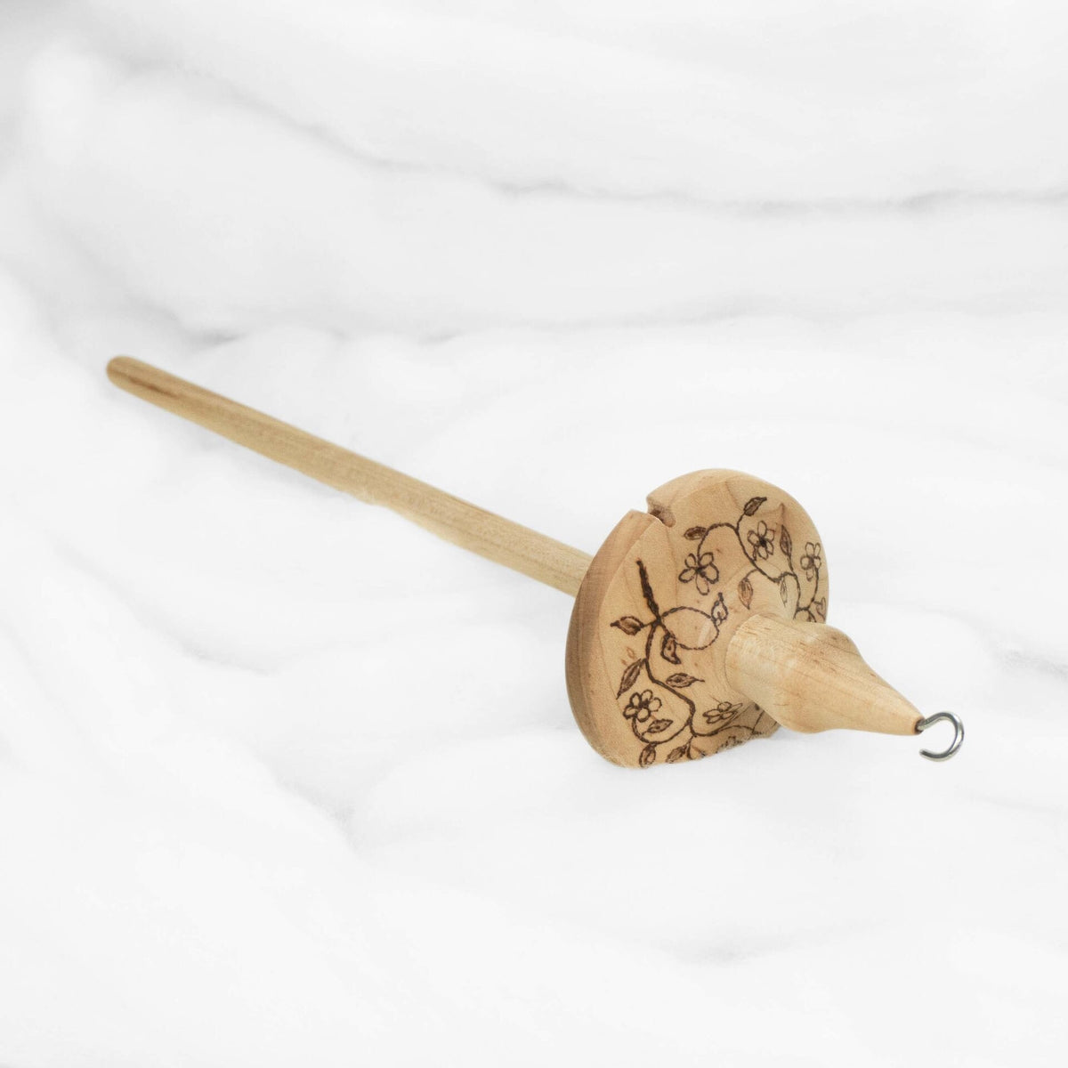 Floral Vine - Lluna Hand-Turned Maple Wood / Pyrograph Drop Spindle Medium Light -Top Whorl 24 Grams