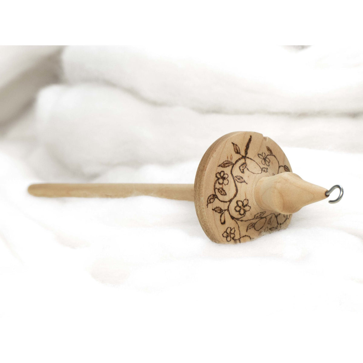 Floral Vine - Lluna Hand-Turned Maple Wood / Pyrograph Drop Spindle Medium Light -Top Whorl 24 Grams