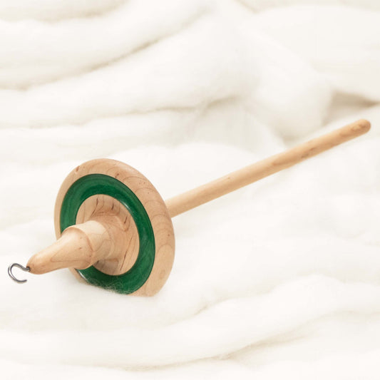 Lleto - Spring Green Mica Inlay / Hand-Turned Maple Wood Drop Spindle Medium - Top Whorl 34 Grams