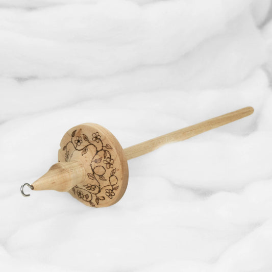 Floral Vine - Lluna Hand-Turned Maple Wood / Pyrograph Drop Spindle Medium Light -Top Whorl 24 Grams