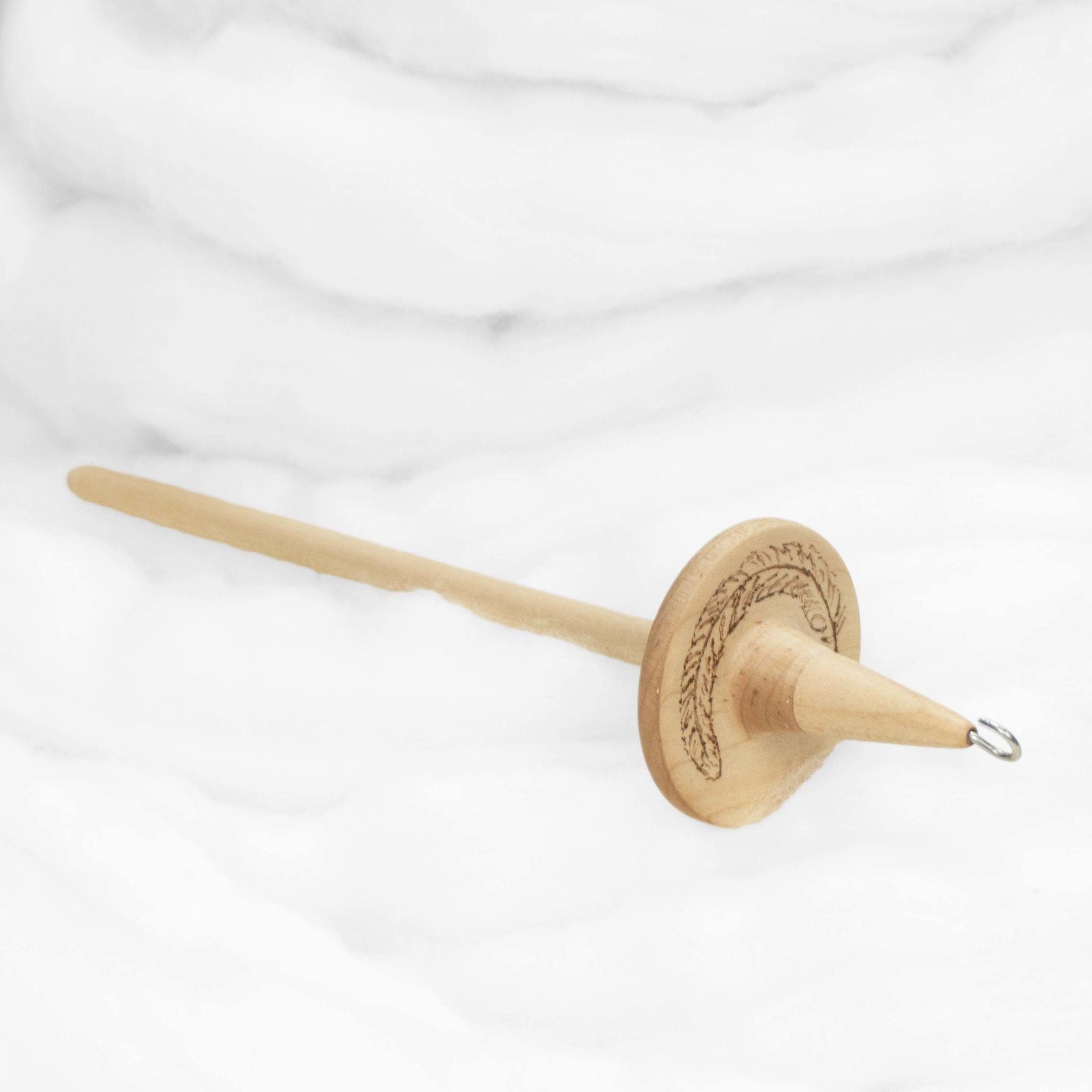 Feather - Llina Hand-Turned Maple Wood Pyrograph Drop Spindle Lightweight Top Whorl 14 Grams